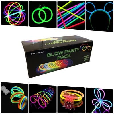 Pack fiesta Glow pulseras, collares, gafas, pulseras triples, orejas conejo, pendientes, flores, bola luminosa - 224 elementos