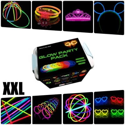 Pack fiesta Glow pulseras, collares, gafas, pulseras triples, orejas conejo, pendientes, flores, bola luminosa - 224 elementos