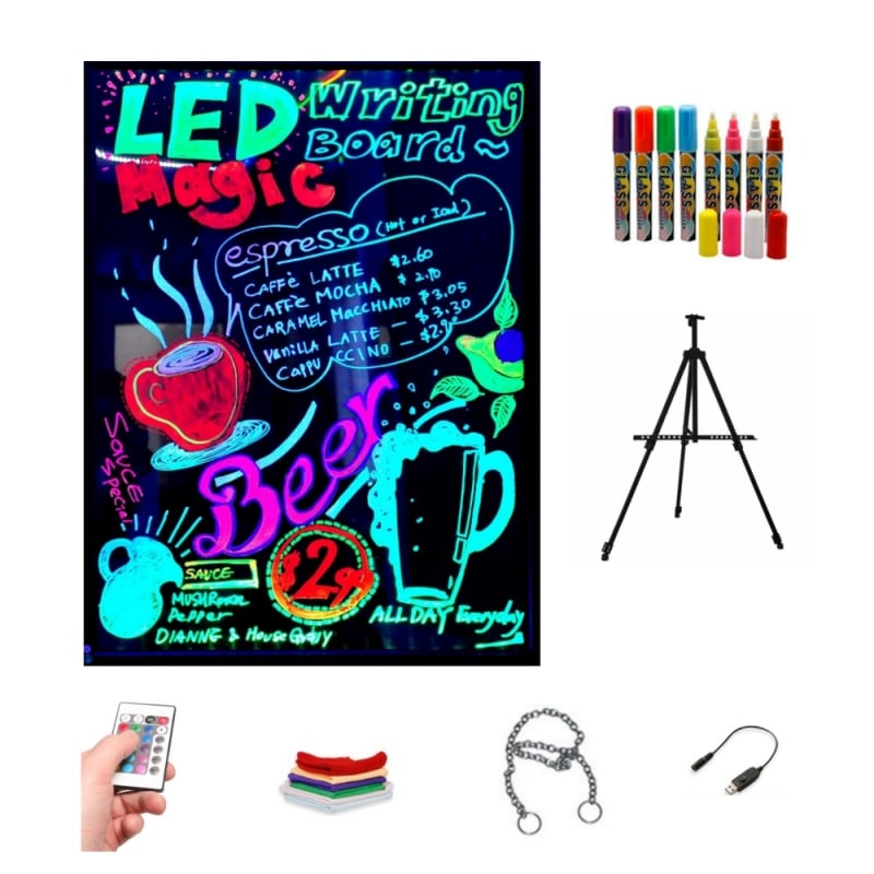 Pizarra led luminosa 40x60cm, RGB, acrílica + TRÍPODE + PACK 8 ROTULADORES