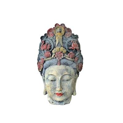 Escultura Cabeza de Mujer Diosa Oriental Corona Flores Decoración Balinesa